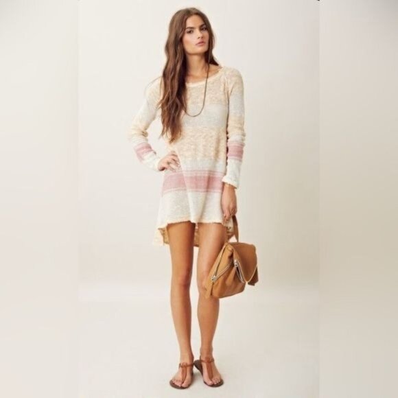 Free People Striped Distressed Knit Mini Dress | Coastal Grandmother Grunge Boho - Picture 2 of 16